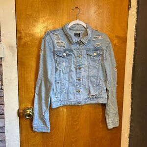 Blue Topic Cropped Distressed Denim Jacket Women’s Size L